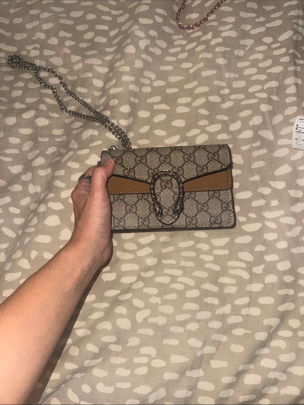 Source Unknown Beige and Brown Monogram Crossbody Bag with Silver Chain